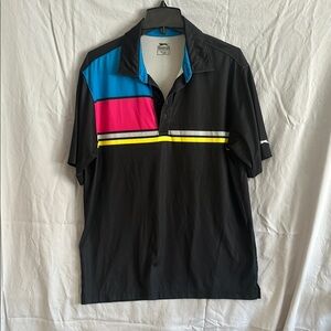Men's Slazenger Black Golf Polo Shirt with Blue, Pink, and Yellow Stripes